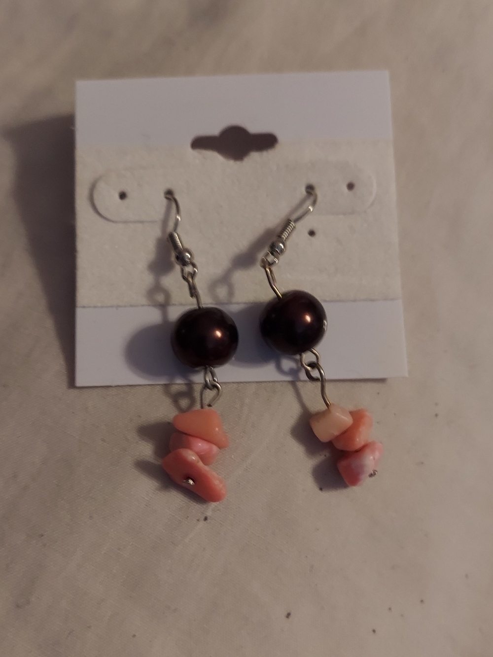Pink Coral Chip & Brown Pearl Drop Earrings — Women Jewelry